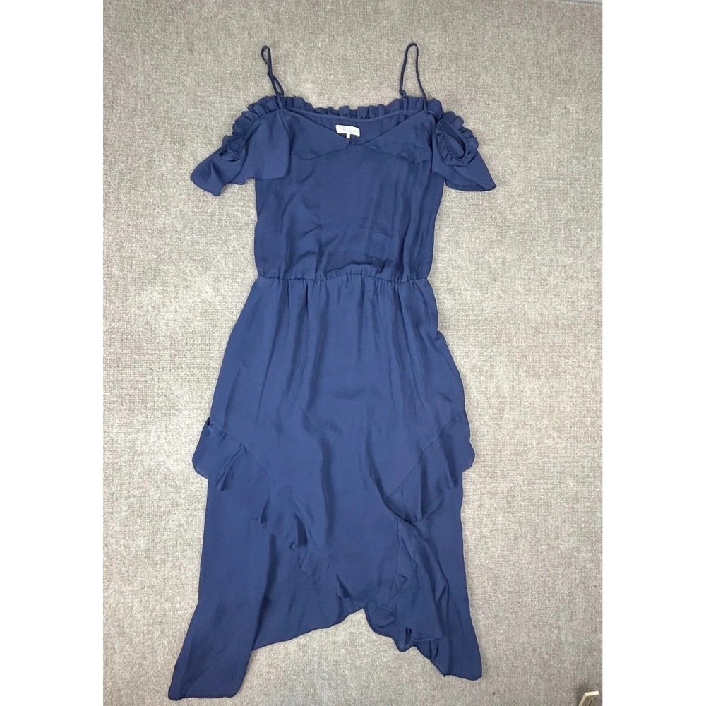 Parker Midi Dress Womens M Blue Cold Shoulder Asymmetrical Ruffle Hem Cocktail